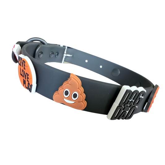 Dog collar with emoji design and text on a white background