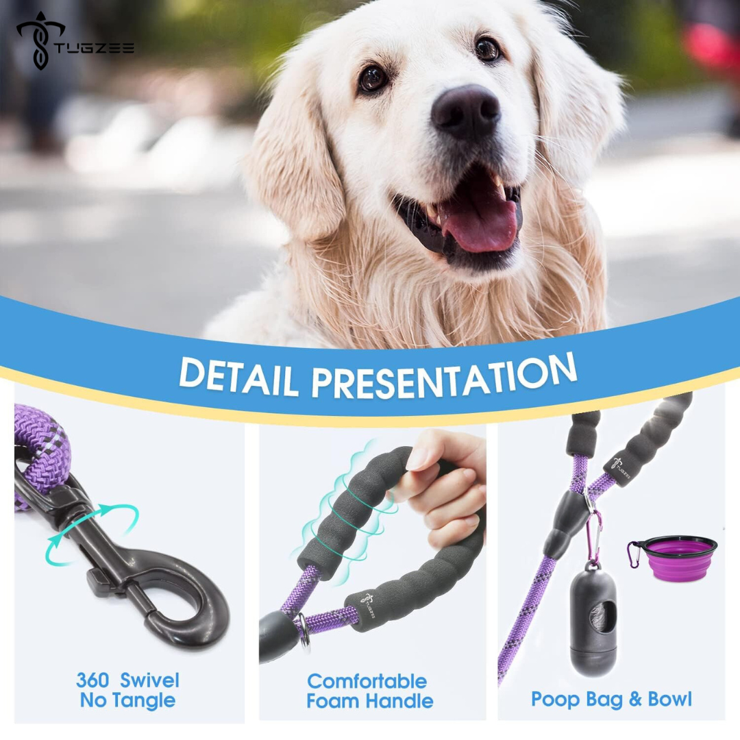 TUGZEE Dog Leash with Comfortable Padded Handle Reflective - Strong & Durable for Small, Medium and Large Dogs