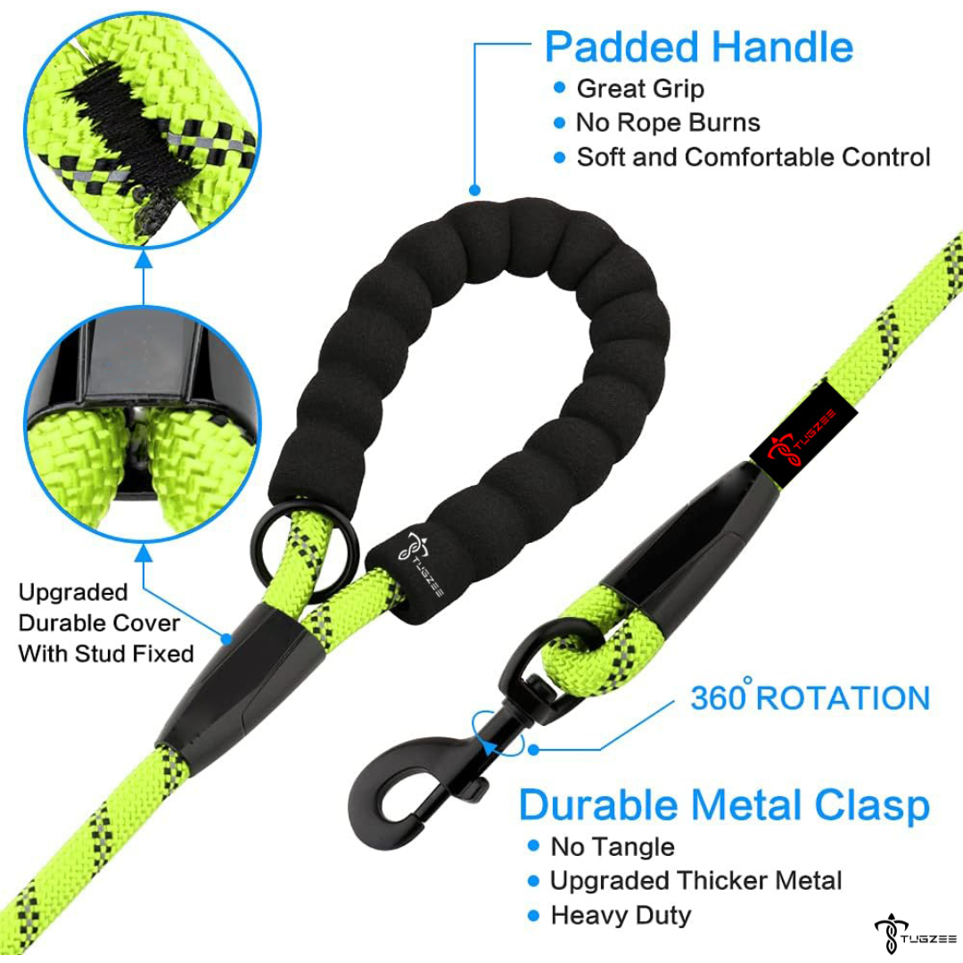 TUGZEE Long Dog Leash for Dog Training Reflective with Comfortable Padded Handle Heavy Duty Dog Lead for Large Medium Small Dogs