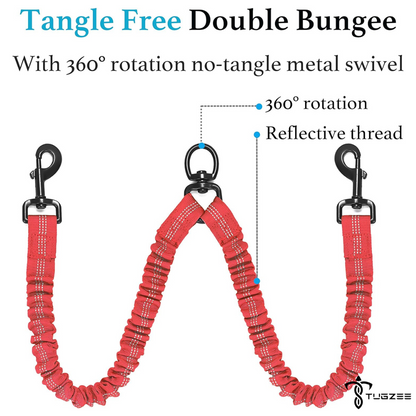 TUGZEE Dual Dog Leash with Shock Absorbing Reflective
