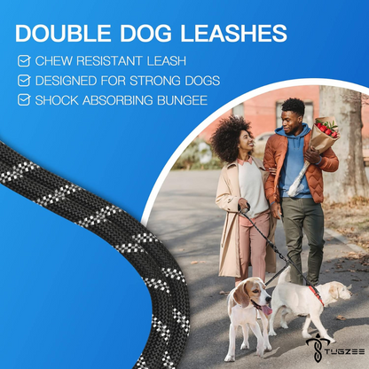 TUGZEE Dual Dog Leash with Shock Absorbing Reflective