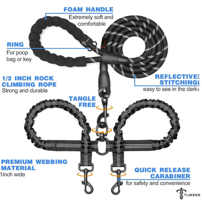 TUGZEE Dual Dog Leash with Shock Absorbing Reflective