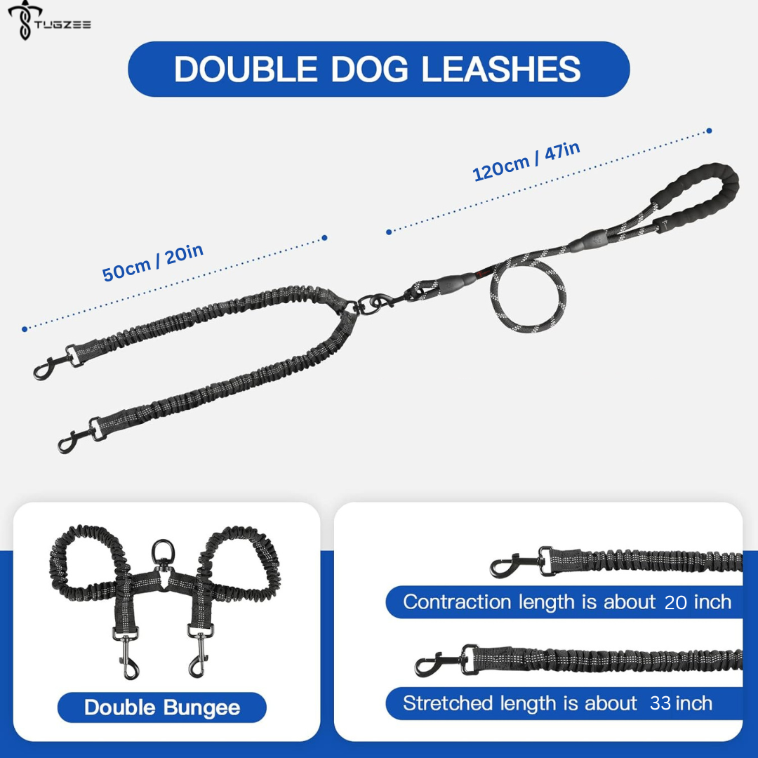 TUGZEE Dual Dog Leash with Shock Absorbing Reflective