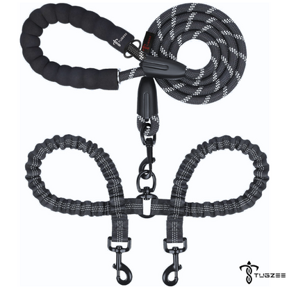 TUGZEE Dual Dog Leash with Shock Absorbing Reflective