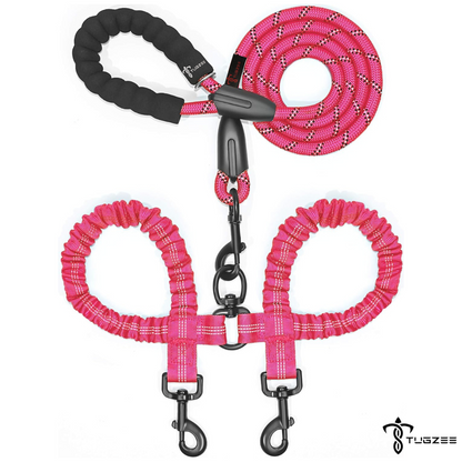 TUGZEE Dual Dog Leash with Shock Absorbing Reflective