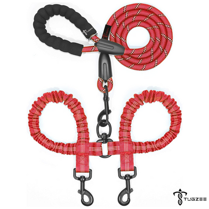 TUGZEE Dual Dog Leash with Shock Absorbing Reflective
